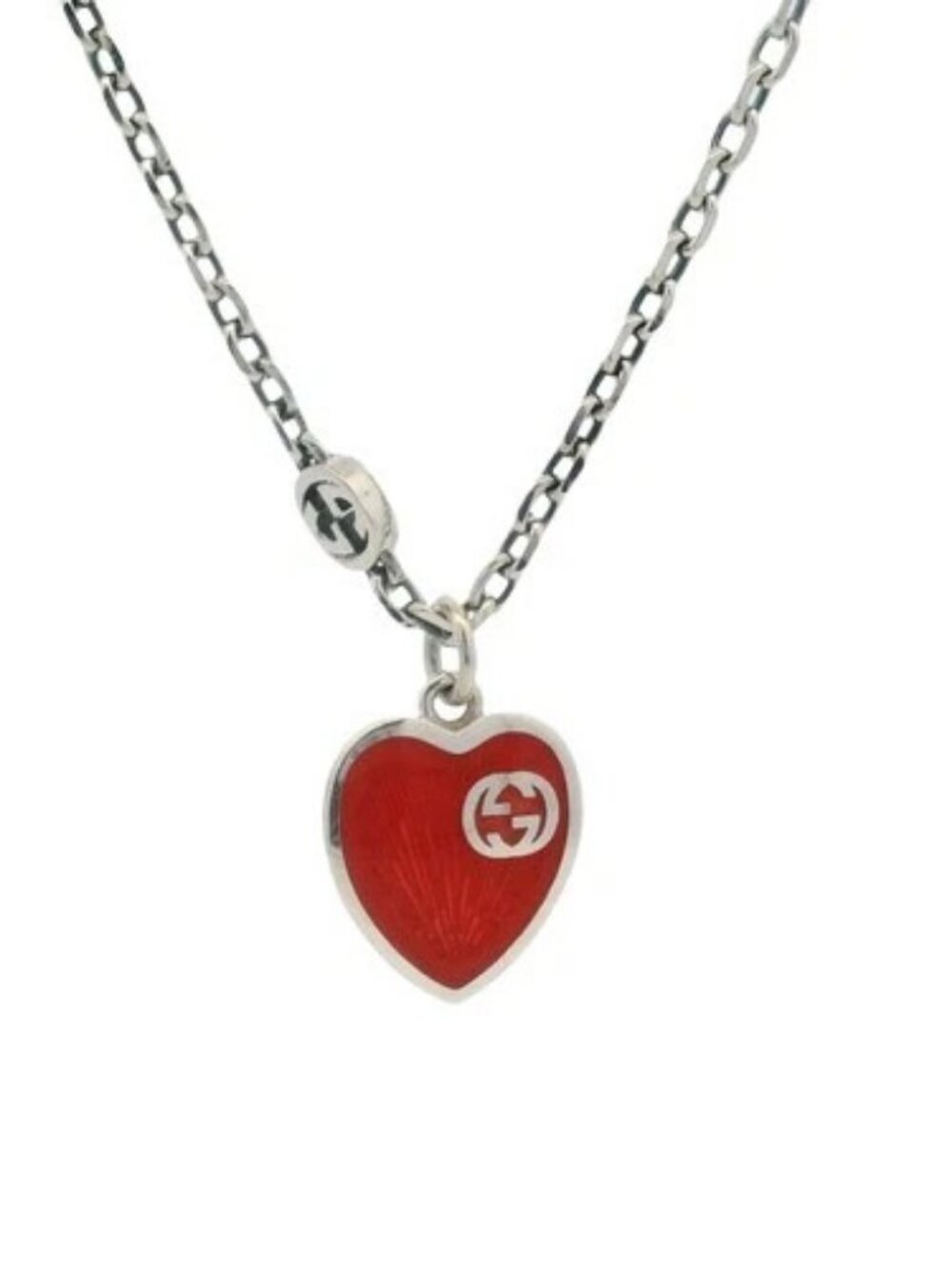 Gucci Solid 925 Sterling Silver Red Enamel Heart Interlocking GG Necklace 20"